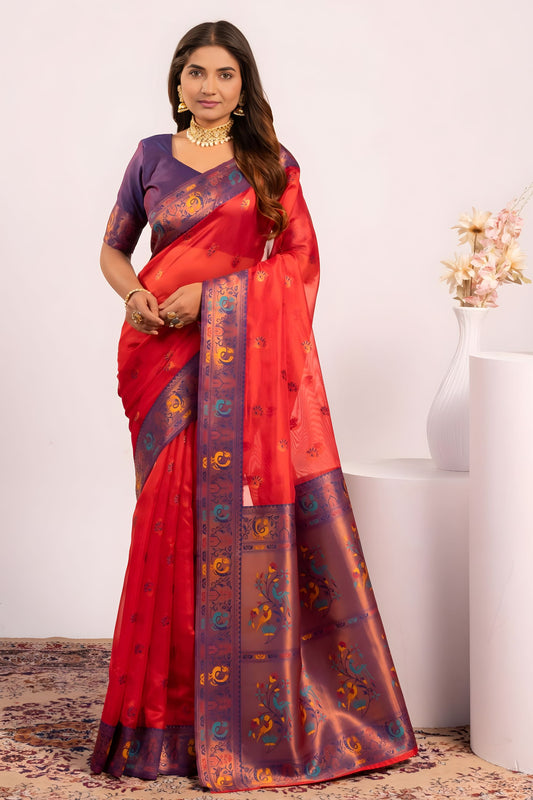 Red Paithani Silk Saree with Purple Zari Border and Traditional