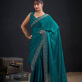 Teal Green Silk Saree Antique Silver Zari Border Party Wear Saree
