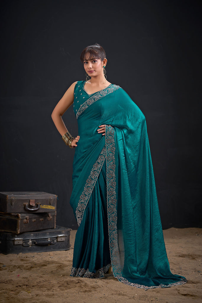 Teal Green Silk Saree Antique Silver Zari Border Party Wear Saree