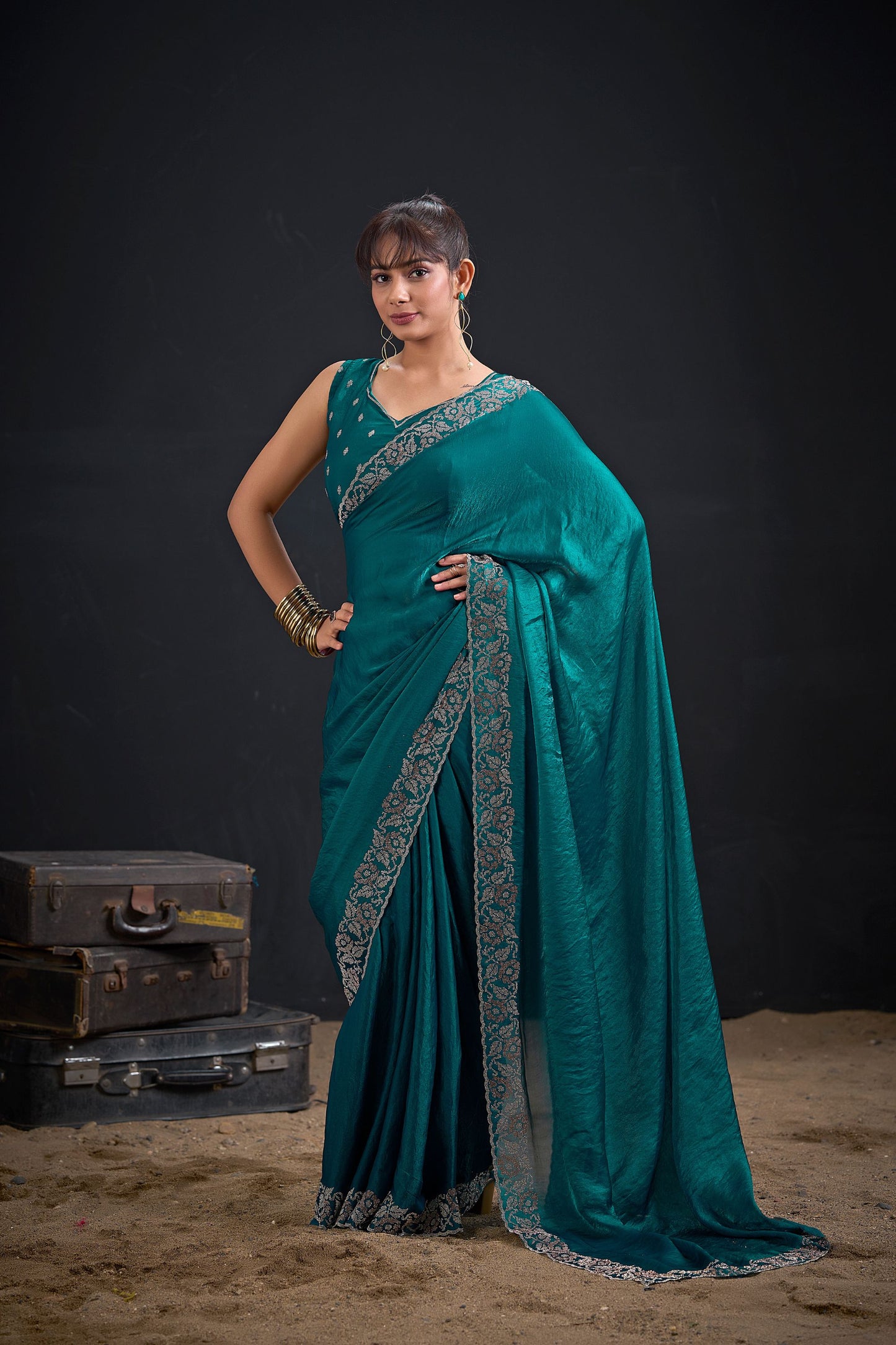 Teal Green Silk Saree Antique Silver Zari Border Party Wear Saree