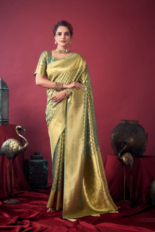 Golden Green Kanjivaram Silk Saree Blouse Piece