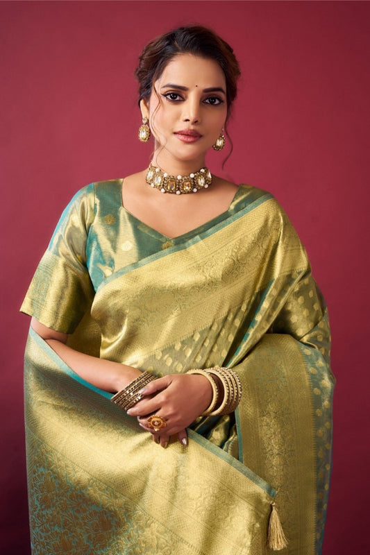 Golden Green Kanjivaram Silk Saree Blouse Piece