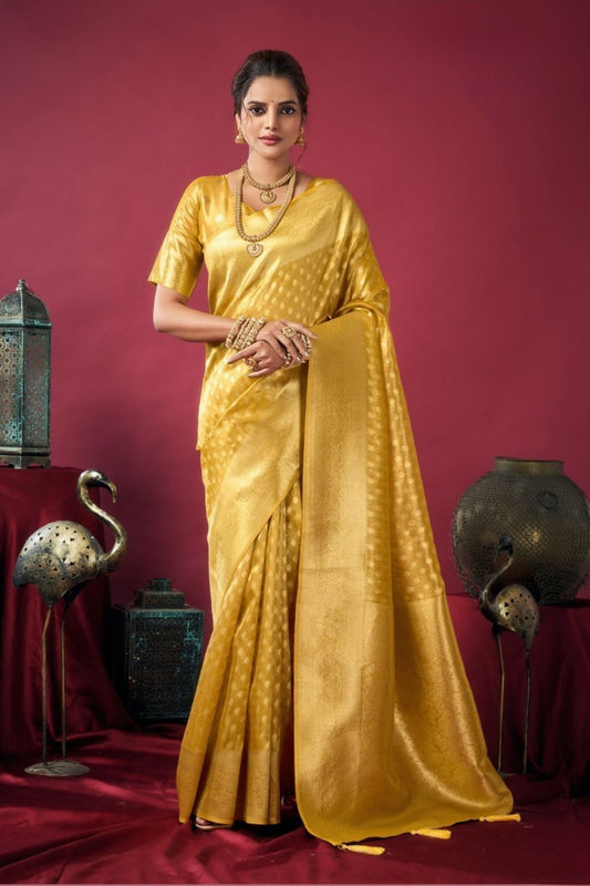 Gobuni Golden Kanjivaram Silk Saree Banarasi Saree with Blouse Piece