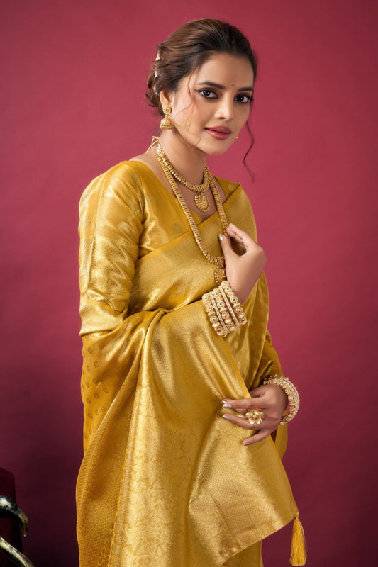 Golden Kanjivaram Silk Saree Banarasi Saree with Blouse Piece
