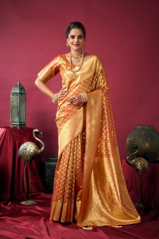 Gobuni Orange Golden Kanjivaram Silk Saree raditional Blouse Piece
