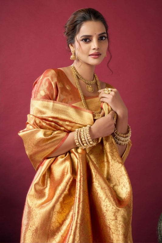 Orange Golden Kanjivaram Silk Saree raditional Blouse Piece