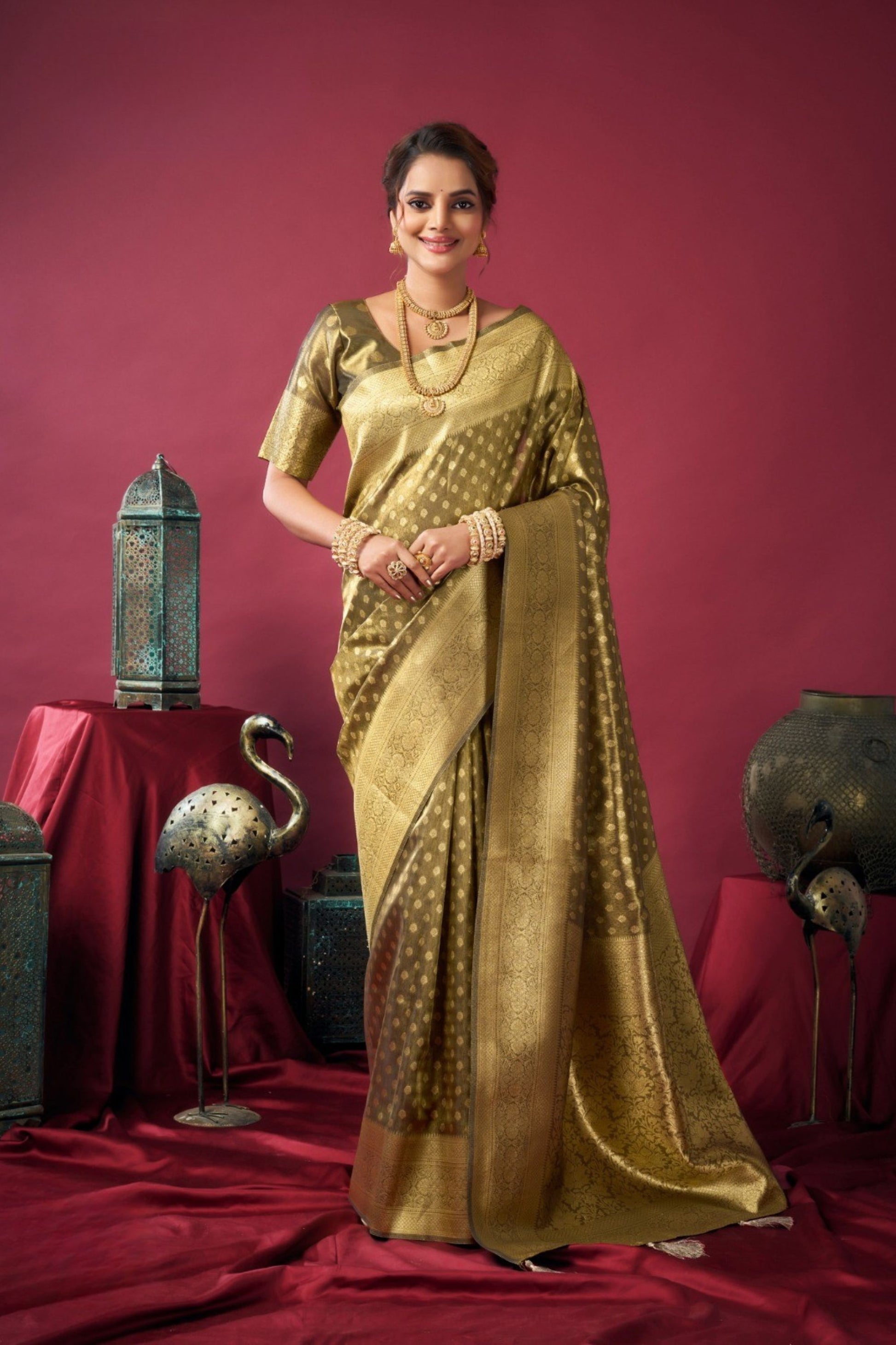 Gobuni Olive Green Golden Kanjivaram Silk Saree Saree with Blouse Piece