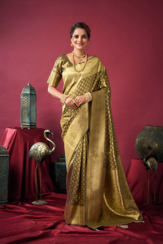 Gobuni Olive Green Golden Kanjivaram Silk Saree Saree with Blouse Piece