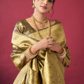 Olive Green Golden Kanjivaram Silk Saree Saree with Blouse Piece