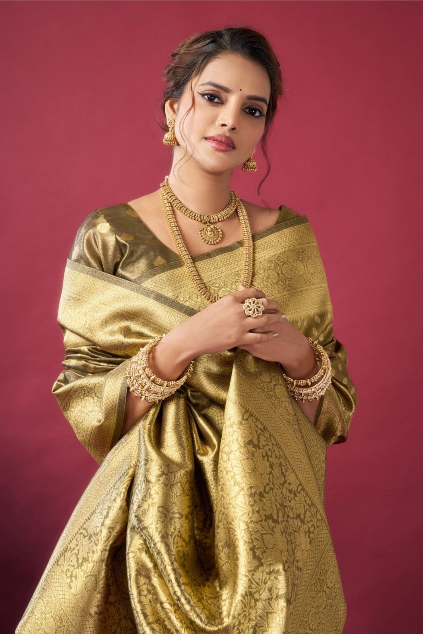 Olive Green Golden Kanjivaram Silk Saree Saree with Blouse Piece