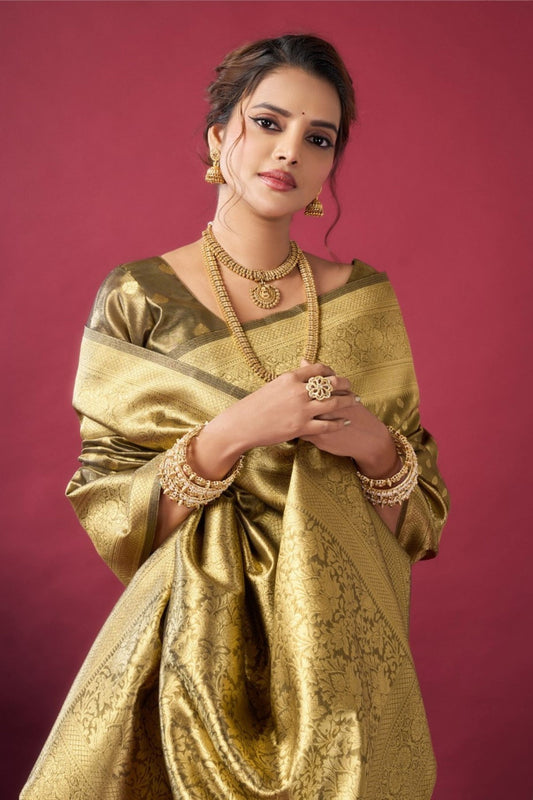 Olive Green Golden Kanjivaram Silk Saree Saree with Blouse Piece