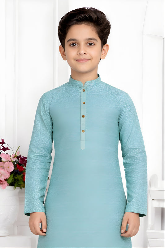 Elegant Sky Blue Jacquard Silk Pintux Kurta Pajama Set for Boys