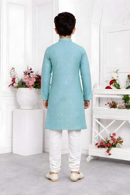 Elegant Sky Blue Jacquard Silk Pintux Kurta Pajama Set for Boys