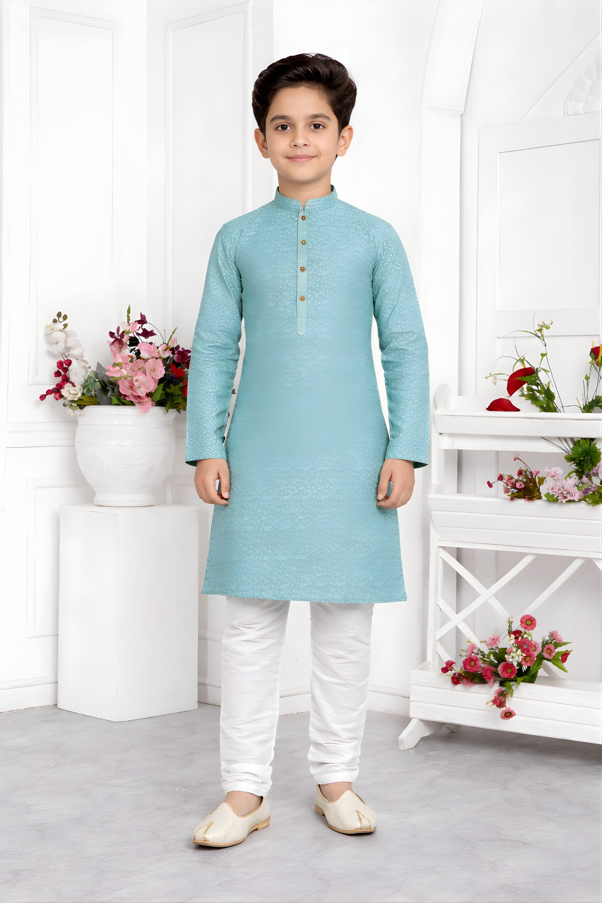 Elegant Sky Blue Jacquard Silk Pintux Kurta Pajama Set for Boys