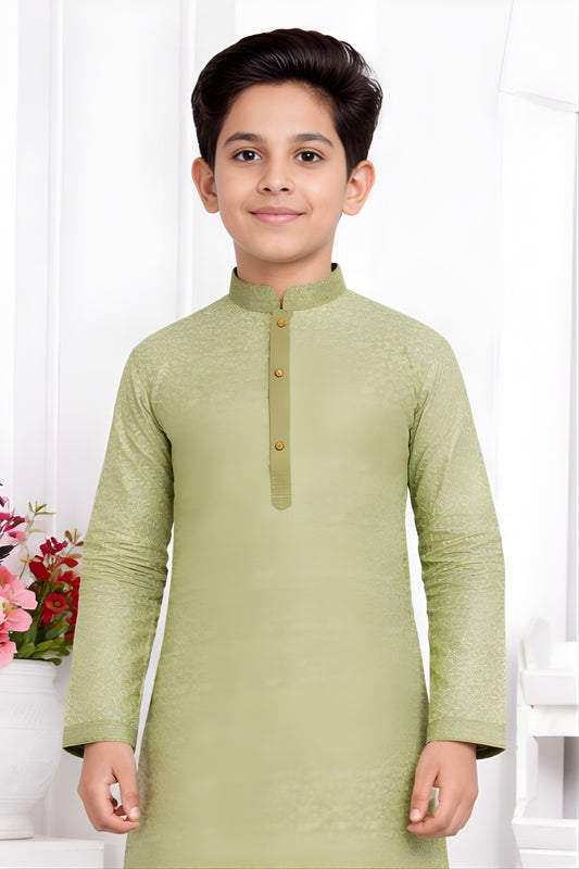 Stylish Pistachio Green Jacquard Silk Pintux Kurta Pajama Set for Boys