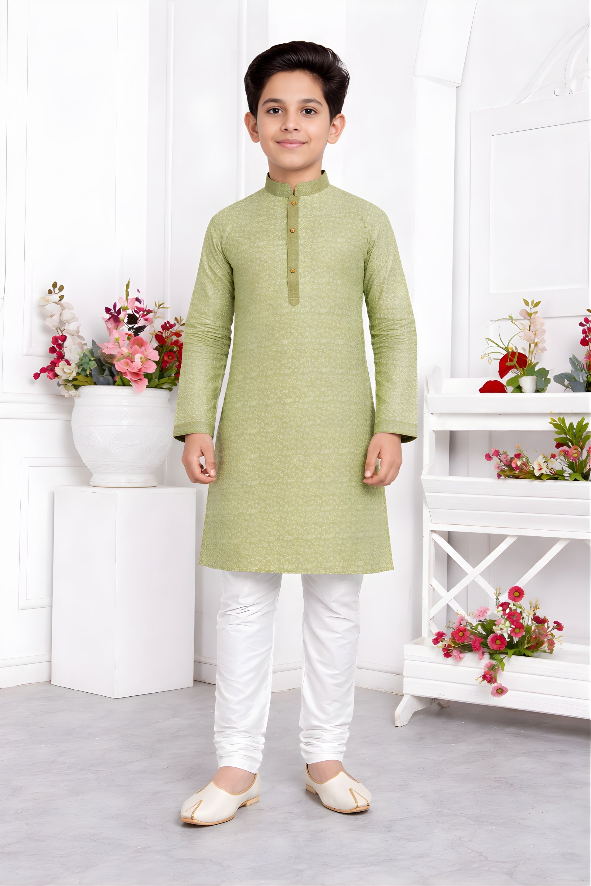 Stylish Pistachio Green Jacquard Silk Pintux Kurta Pajama Set for Boys