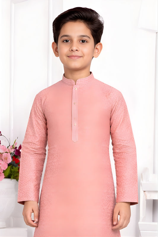 Trendy Peach Pink Jacquard Silk Pintux Kurta Pajama Set for Boys