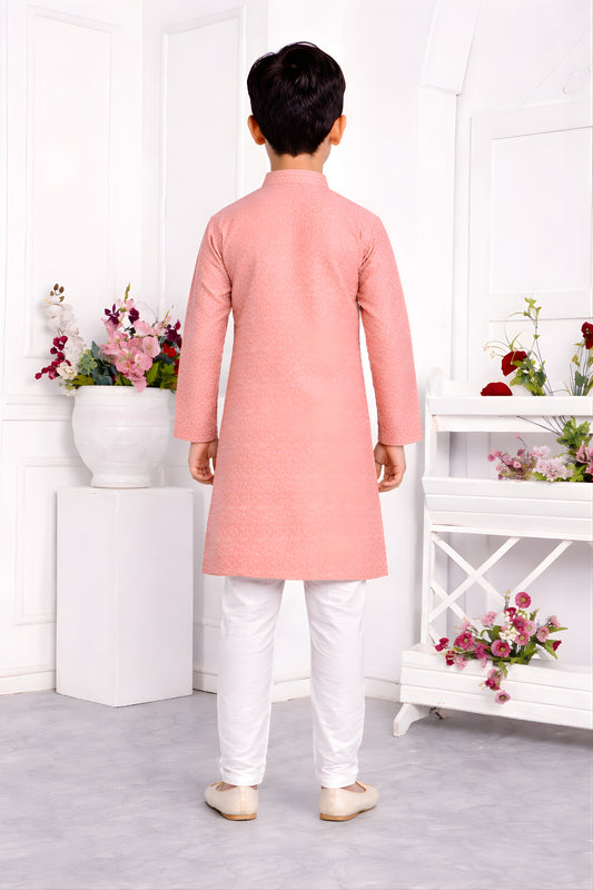Trendy Peach Pink Jacquard Silk Pintux Kurta Pajama Set for Boys