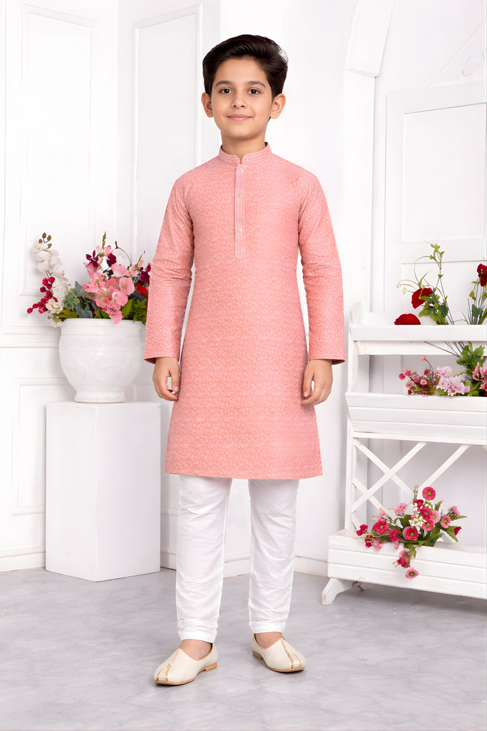 Trendy Peach Pink Jacquard Silk Pintux Kurta Pajama Set for Boys