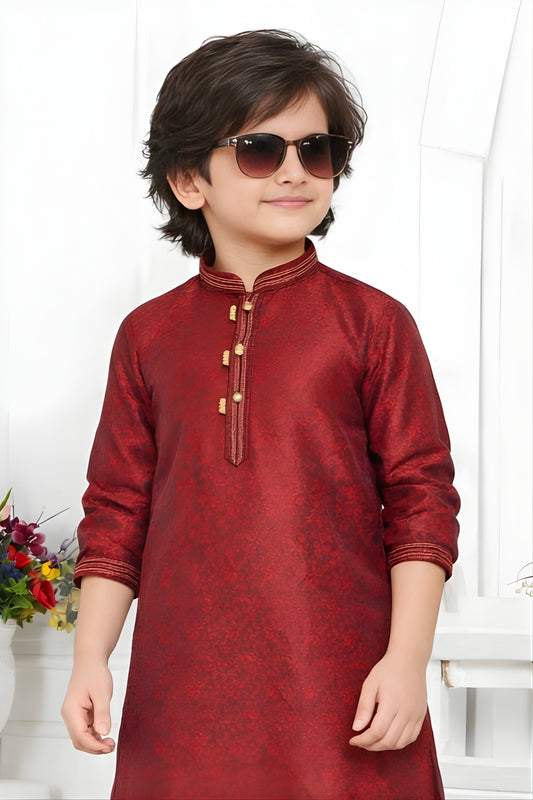 Stunning Maroon Jacquard Silk Pintux Kurta Pajama Set for Boys