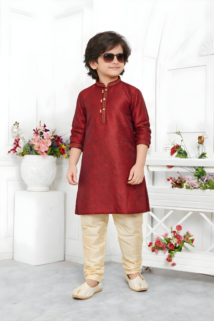 Stunning Maroon Jacquard Silk Pintux Kurta Pajama Set for Boys