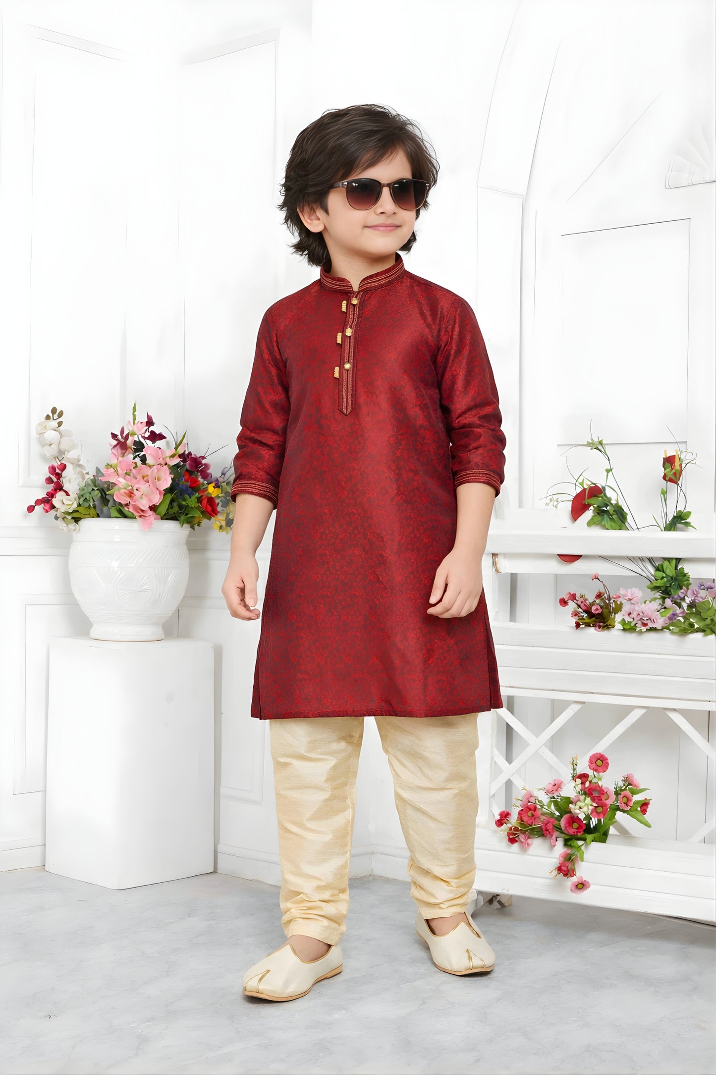 Stunning Maroon Jacquard Silk Pintux Kurta Pajama Set for Boys