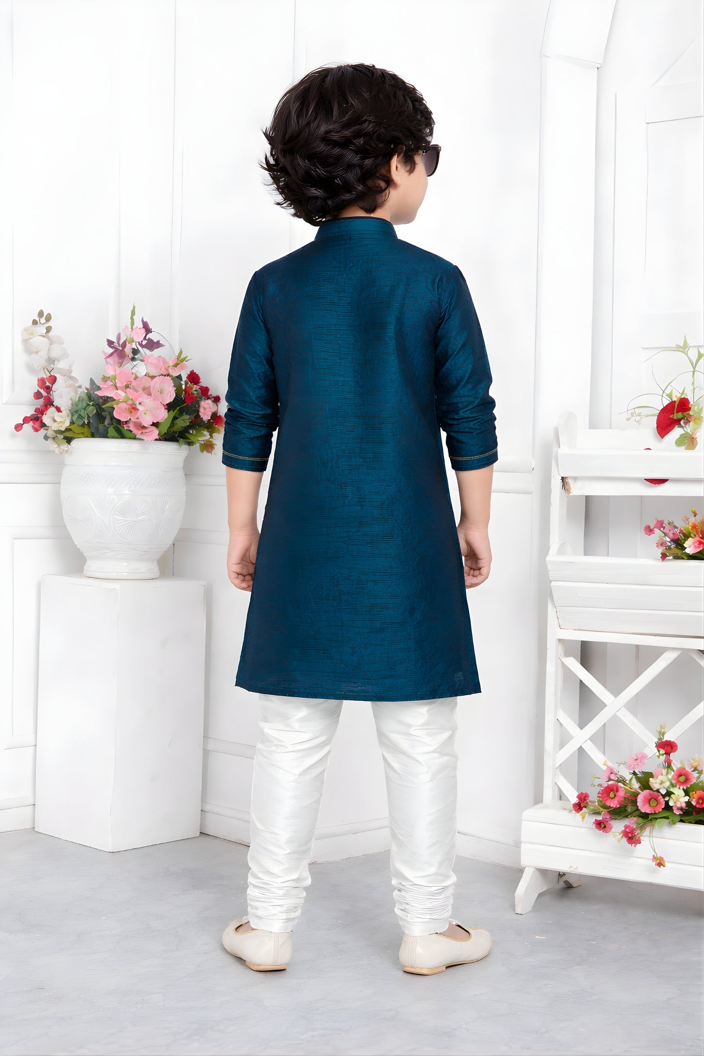 Impressive Teal Blue Jacquard Silk Pintux Kurta Pajama Set for Boys