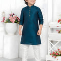 Impressive Teal Blue Jacquard Silk Pintux Kurta Pajama Set for Boys