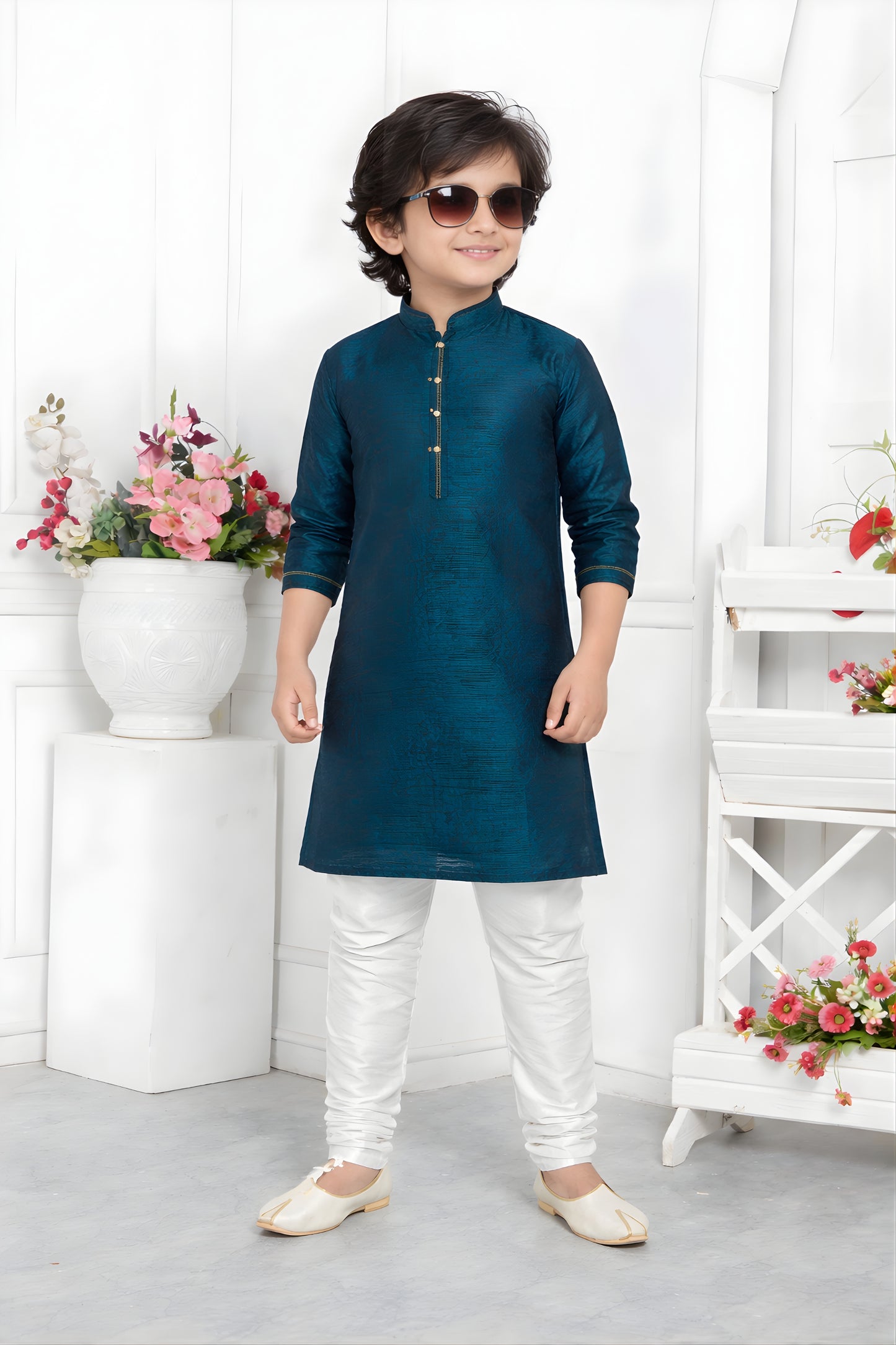 Impressive Teal Blue Jacquard Silk Pintux Kurta Pajama Set for Boys