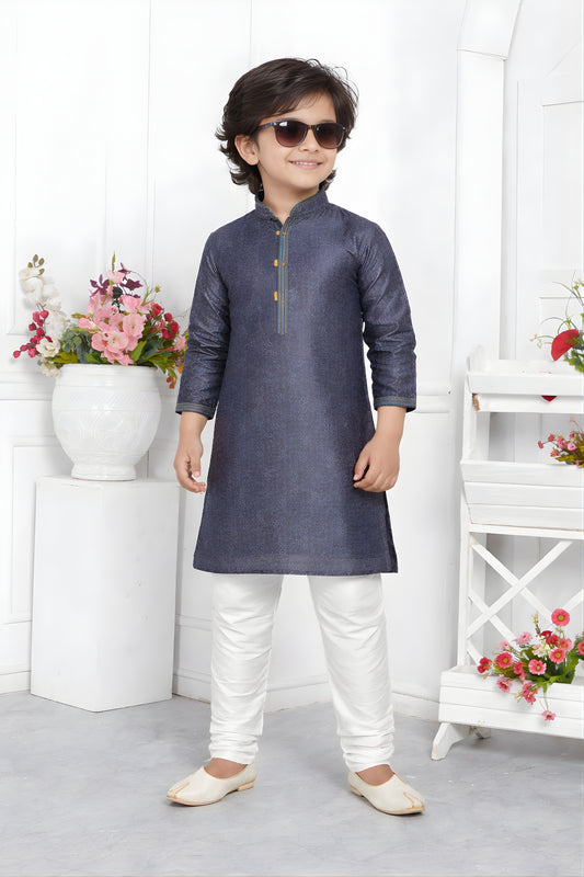 Superb Grey Jacquard Silk Pintux Kurta Pajama Set for Boys
