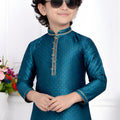 Admirable Teal Blue Jacquard Silk Pintux Kurta Pajama Set for Boys