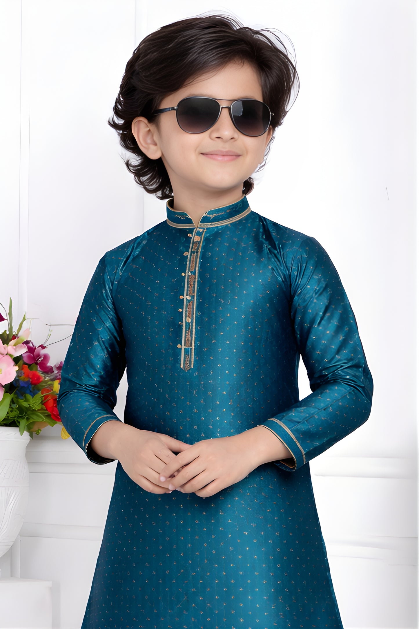 Admirable Teal Blue Jacquard Silk Pintux Kurta Pajama Set for Boys