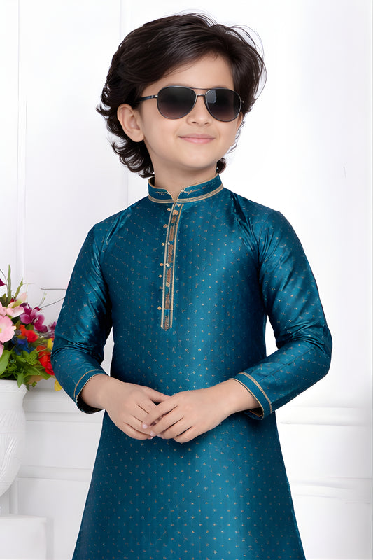 Admirable Teal Blue Jacquard Silk Pintux Kurta Pajama Set for Boys