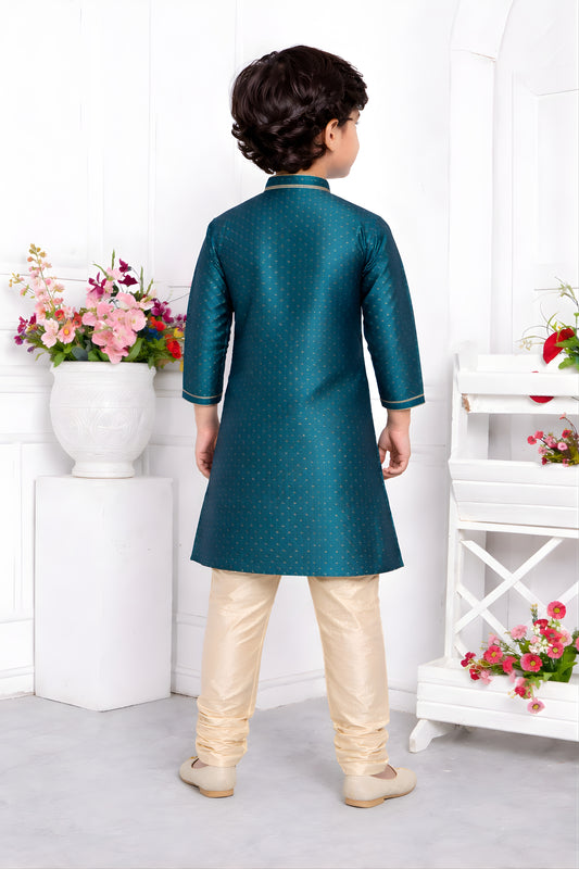 Admirable Teal Blue Jacquard Silk Pintux Kurta Pajama Set for Boys