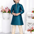 Admirable Teal Blue Jacquard Silk Pintux Kurta Pajama Set for Boys