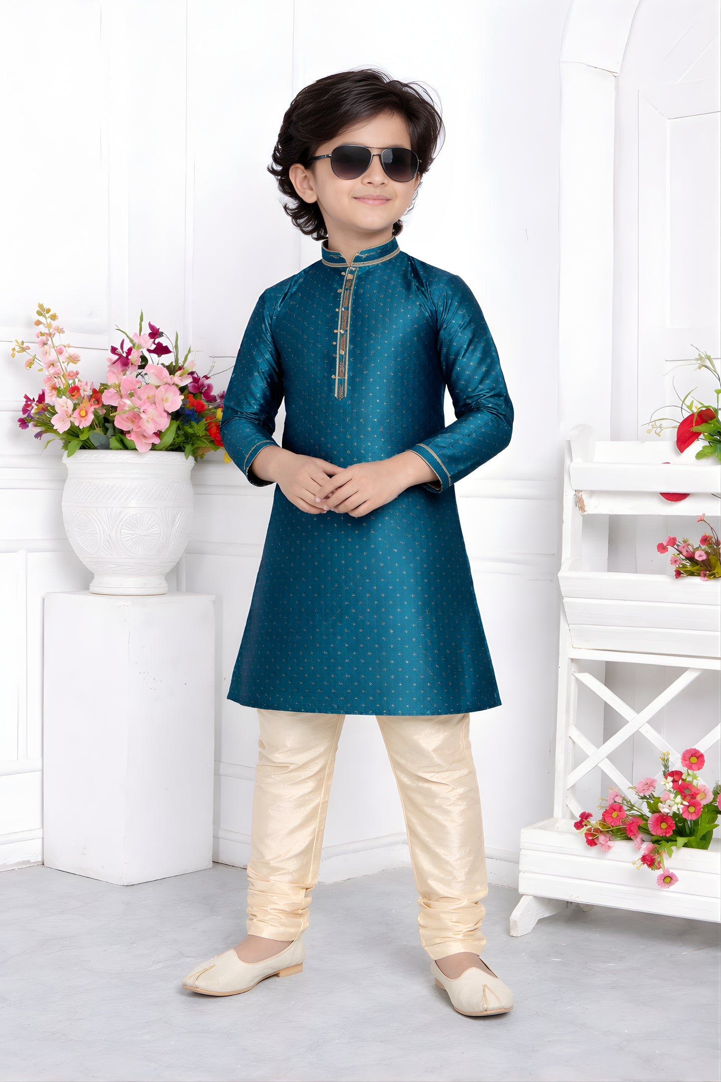 Admirable Teal Blue Jacquard Silk Pintux Kurta Pajama Set for Boys