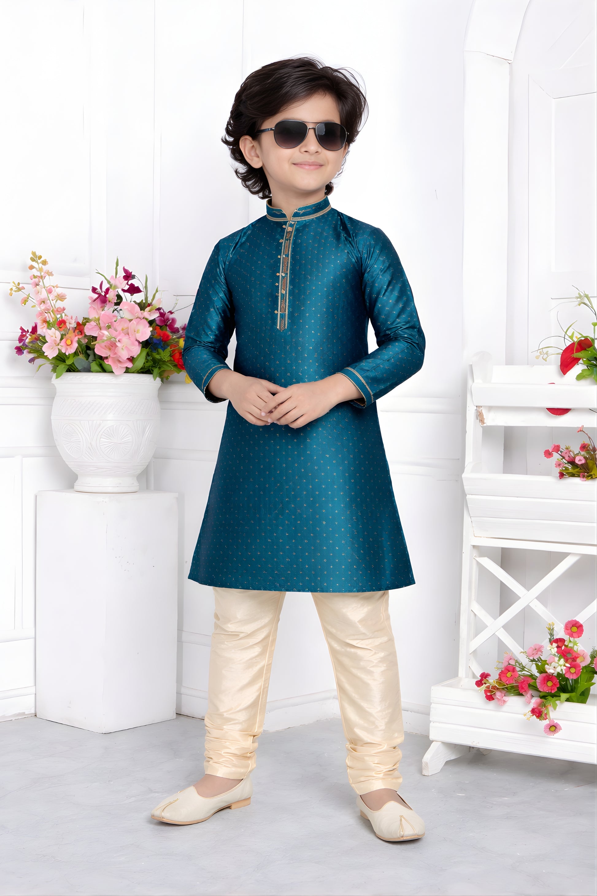 Admirable Teal Blue Jacquard Silk Pintux Kurta Pajama Set for Boys