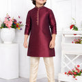 Traditonal Wine Jacquard Silk Pintux Kurta Pajama Set for Boys