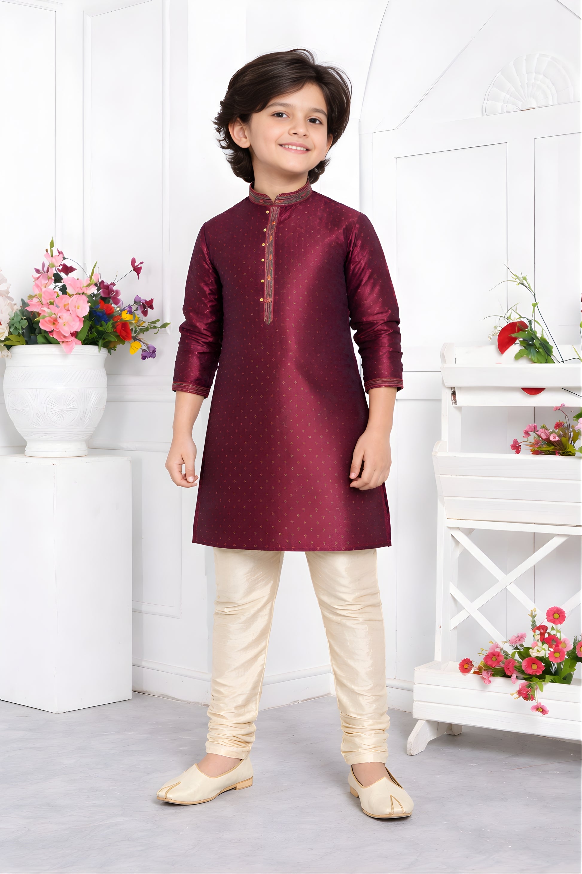 Traditonal Wine Jacquard Silk Pintux Kurta Pajama Set for Boys