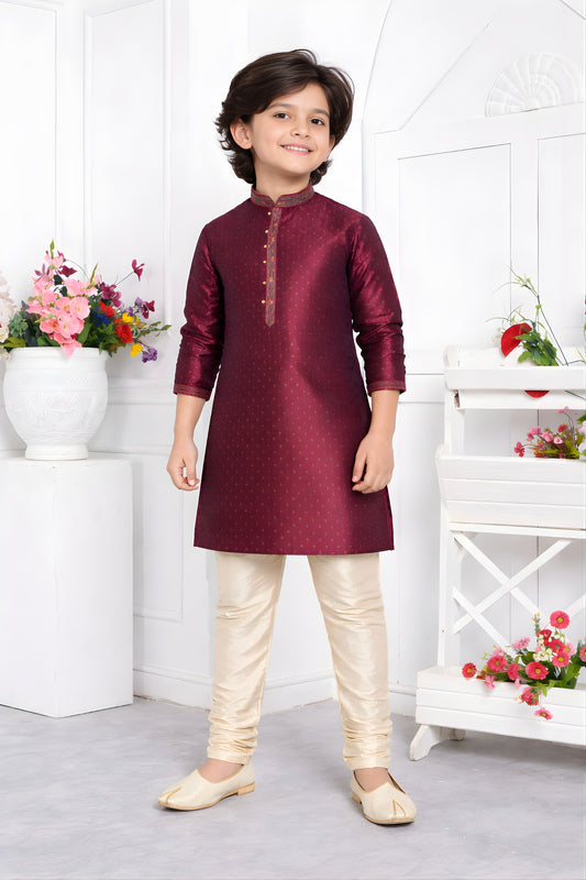 Traditonal Wine Jacquard Silk Pintux Kurta Pajama Set for Boys
