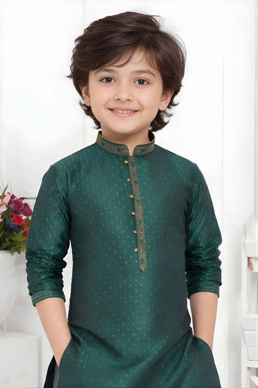 Superb Rama Green Jacquard Silk Pintux Kurta Pajama Set for Boys