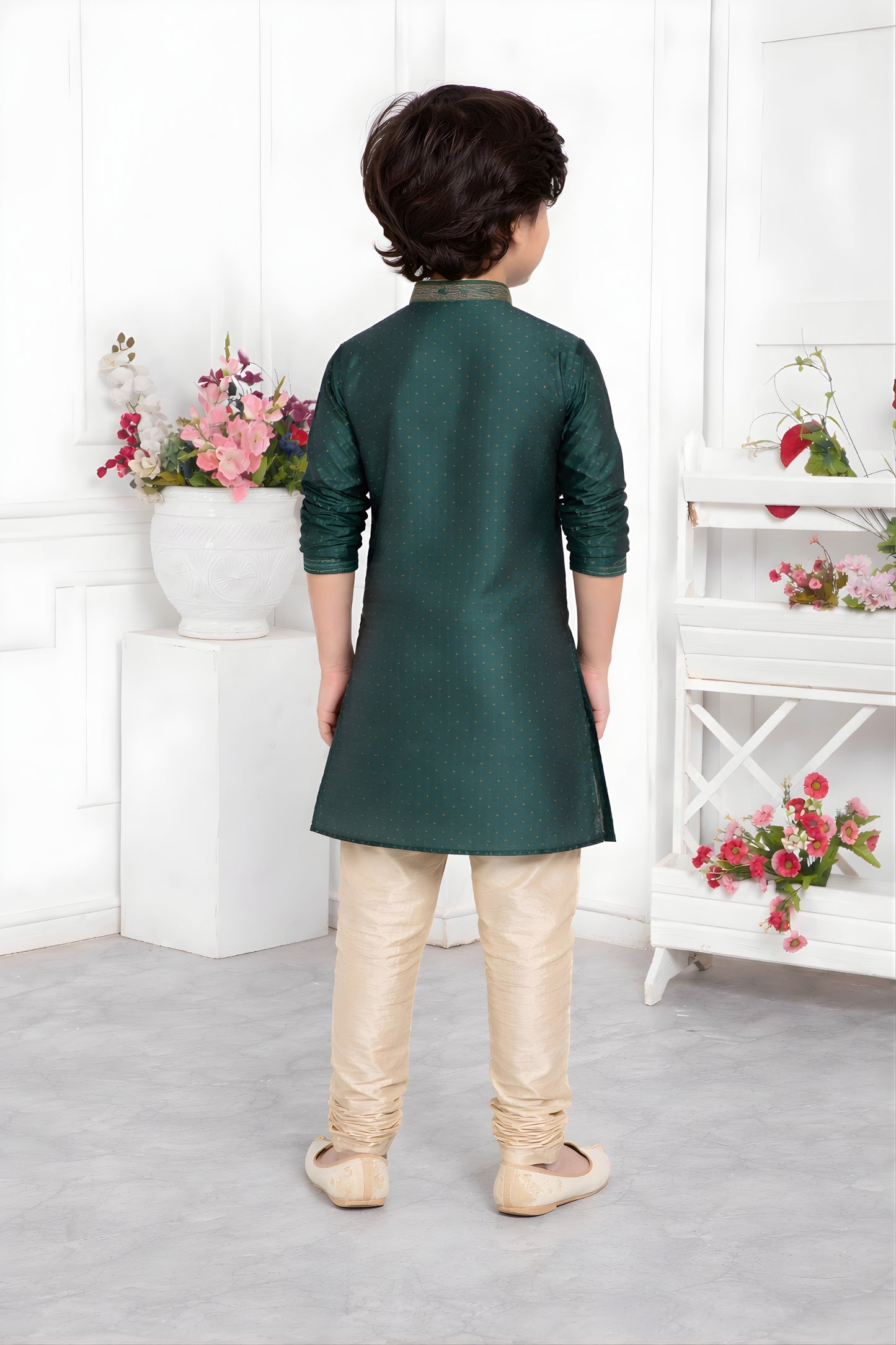 Superb Rama Green Jacquard Silk Pintux Kurta Pajama Set for Boys