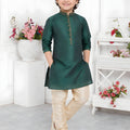 Superb Rama Green Jacquard Silk Pintux Kurta Pajama Set for Boys