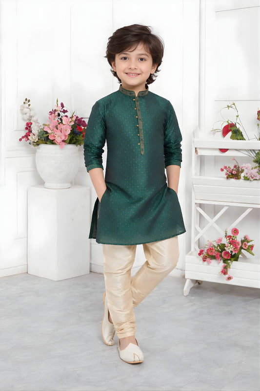 Superb Rama Green Jacquard Silk Pintux Kurta Pajama Set for Boys