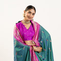 Teal Green Paithani Silk Saree with Pink Border Floral Zari Woven Pallu