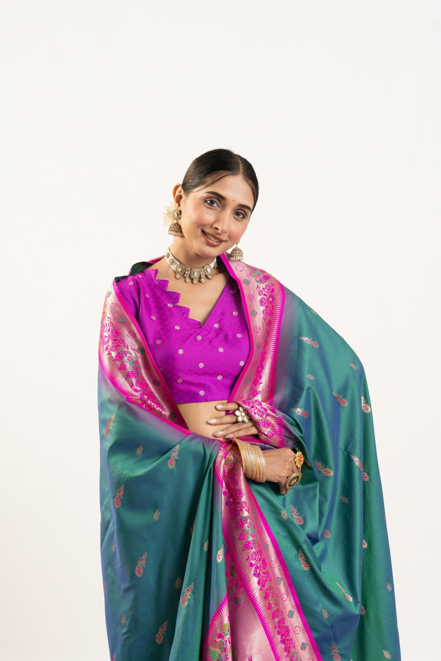 Teal Green Paithani Silk Saree with Pink Border Floral Zari Woven Pallu