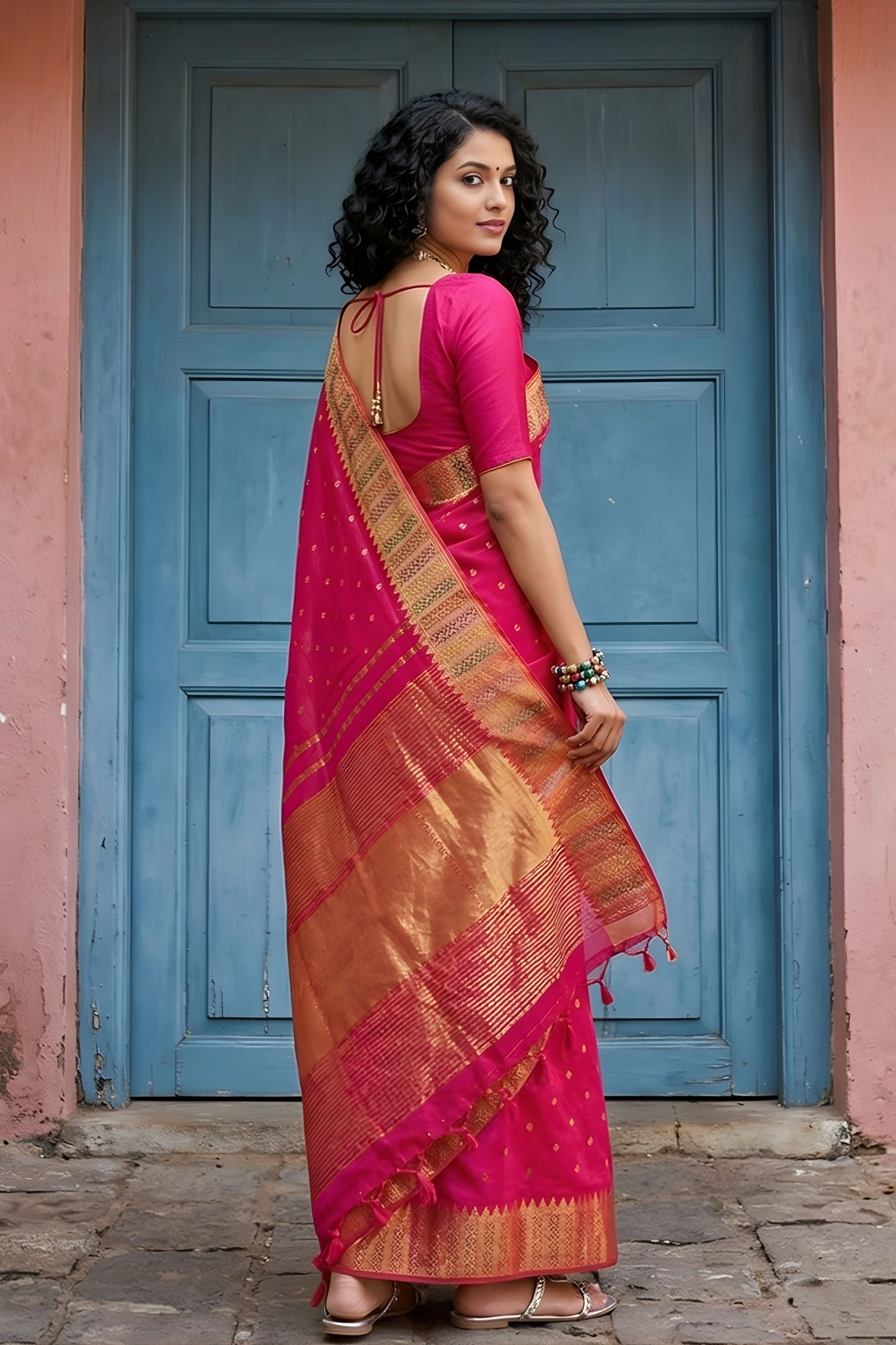 Elegant Rani Pink Silk Saree with Golden Zari Border Buti Design