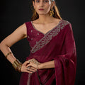 Wine Red Silk Saree with Embroidered Border Designer Saree