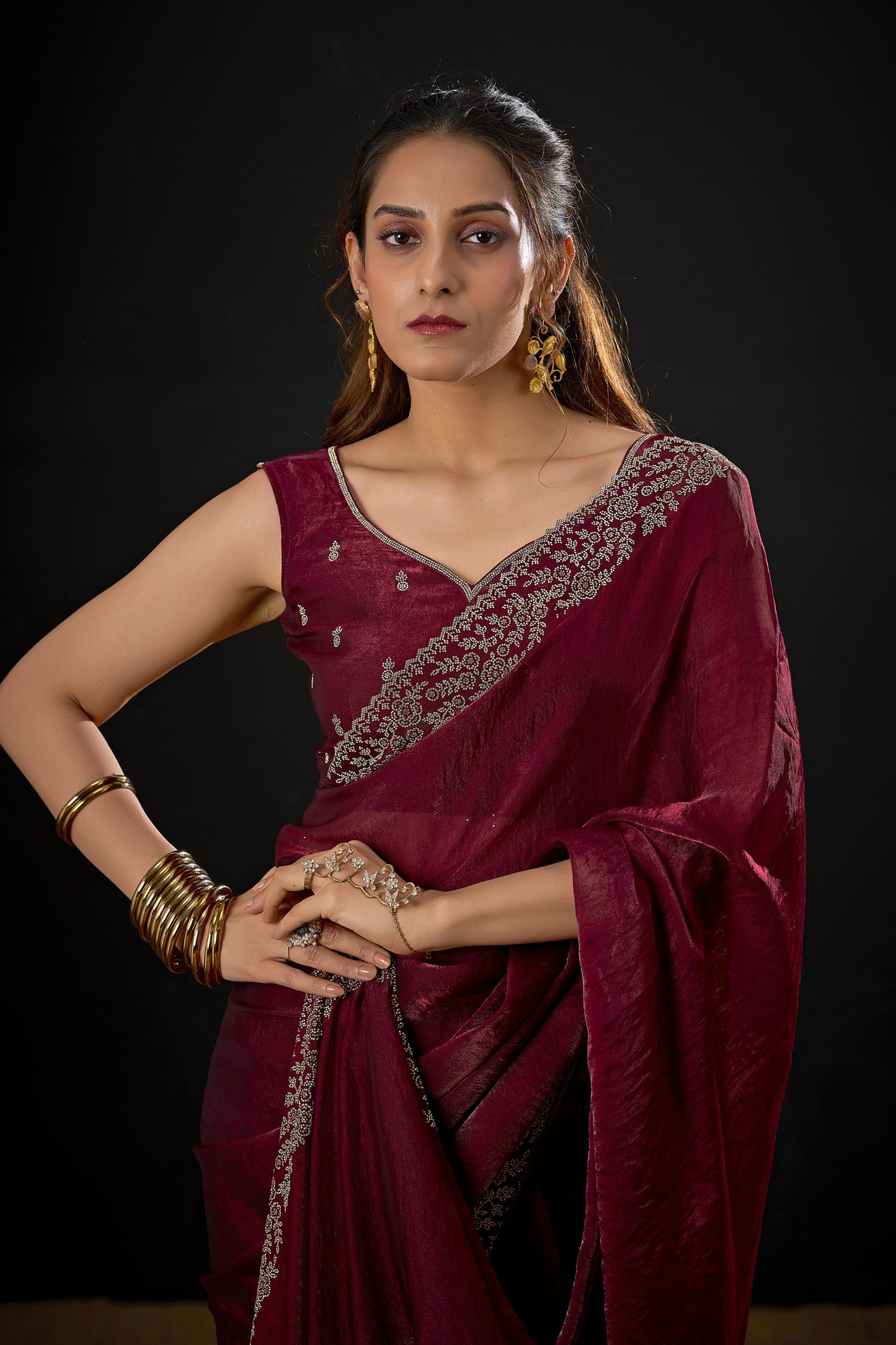 Wine Red Silk Saree with Embroidered Border Designer Saree