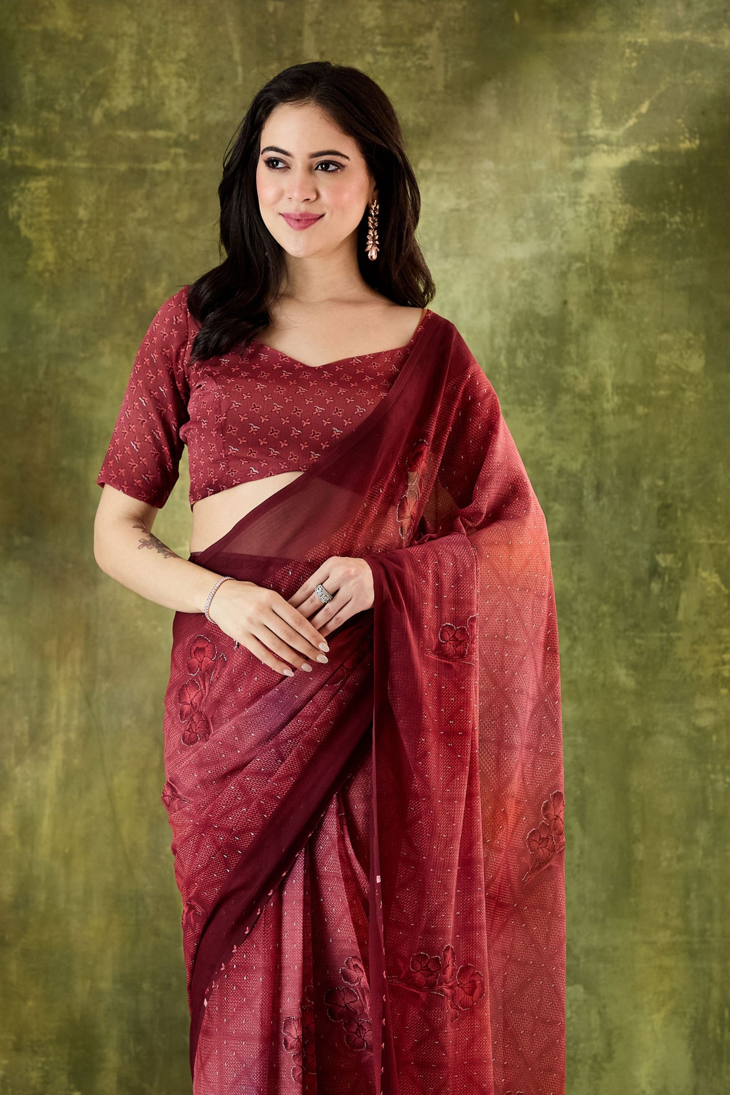 Wine Embroidered Designer Saree with Matching Blouse